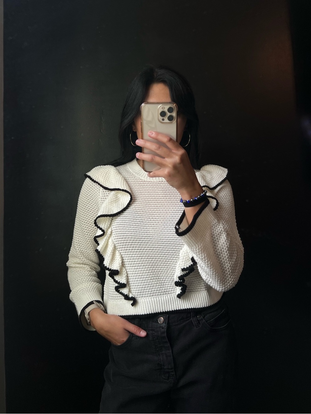 H&M White Cropped Sweater with Black Ruffle Trim
